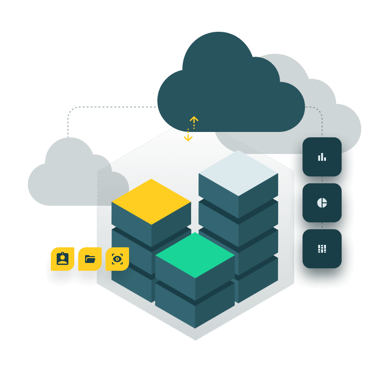 Illustration of a colorful cube with cloud shapes and data icons.