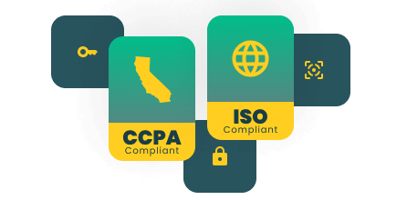 Image with CCPA and ISO Compliant labels, featuring icons of California, a globe, a key, a lock, and a targeting symbol on a green and blue background.