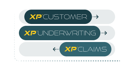 Three stacked ovals with text: "XP CUSTOMER," "XP UNDERWRITING," "XP CLAIMS."