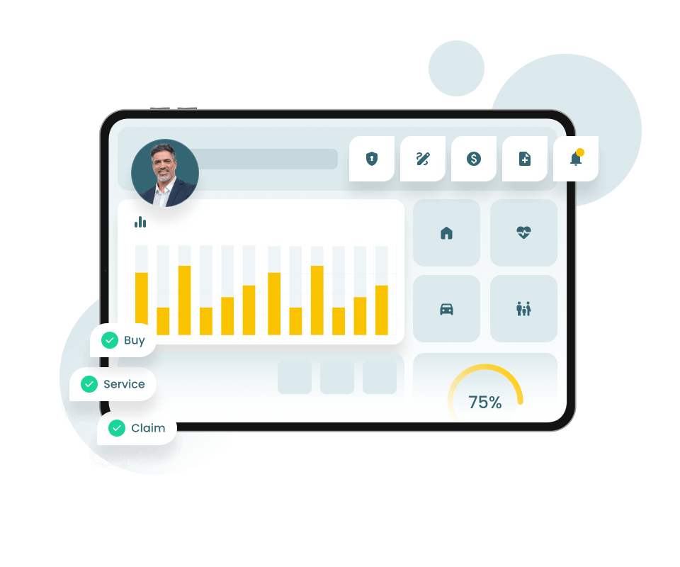 A digital tablet displaying a business dashboard UI with a user profile, action buttons, a bar chart, functional icons, and a 75% completion gauge, all set against a minimalist white background with abstract shapes.