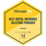 Gold hexagonal award seal for 'Best Digital Insurance Solutions Provider' won by ManageMy Insurtech at the IT Awards 2022, as recognized by SME News.