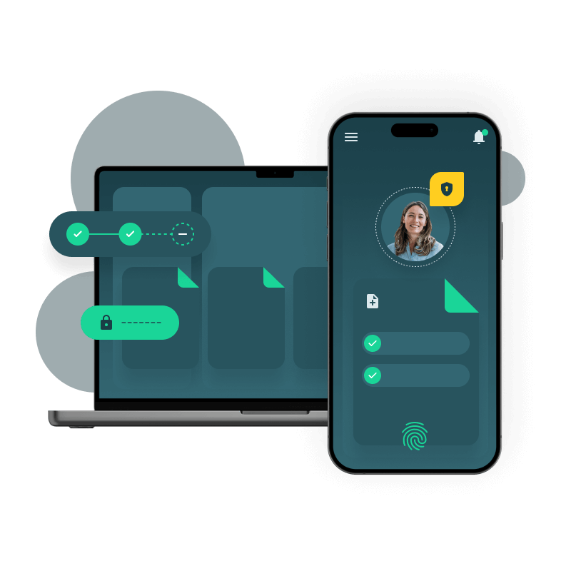 Smartphone and laptop displaying digital security interfaces with checkmarks, locks, and fingerprint icon.