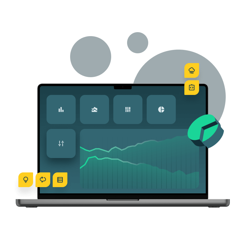 Illustration of a laptop with a user interface displaying icons and a rising trend line graph, surrounded by abstract shapes, with additional icons representing security features floating to the right.