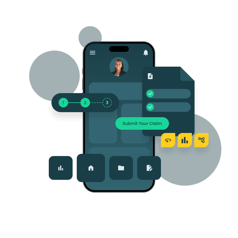 Illustration of a smartphone displaying a user interface for a claim submission process with icons, a profile picture, and a "Submit Your Claim" button, set against a dark background with abstract elements symbolizing a sequence or workflow.