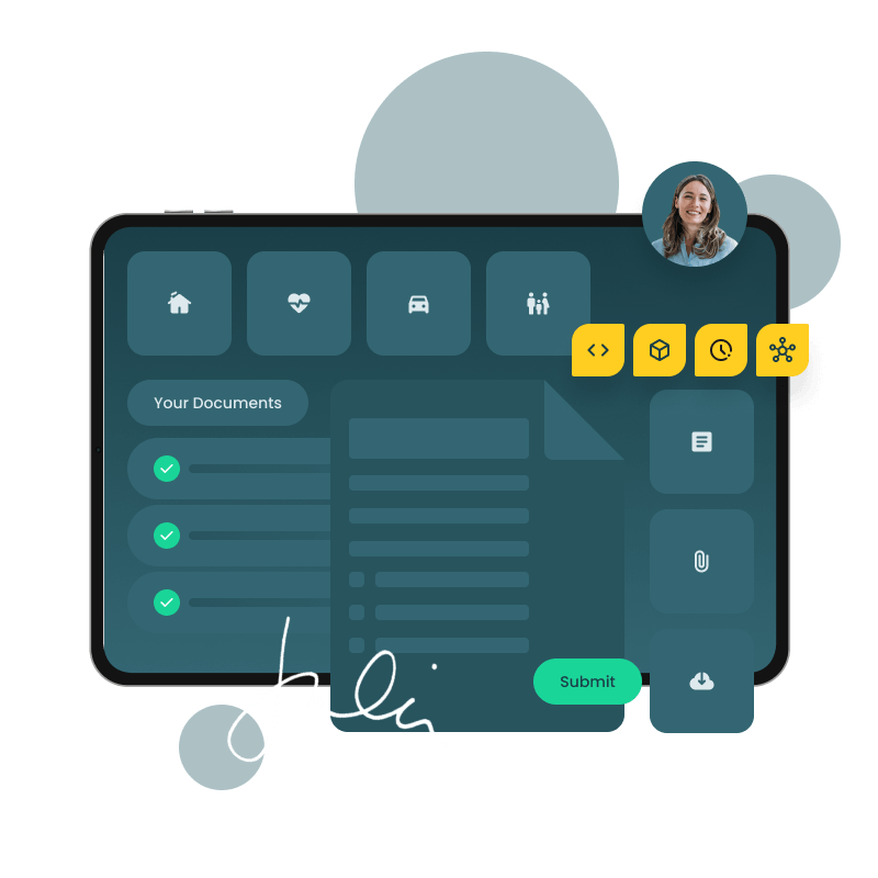 Illustration of a tablet interface with a user profile and an app screen showing a checked document list and a 'Submit' button, signed 'Juli'.